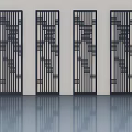 Modern Black Swing Doors with Geometric Patterns Arranged in Row and Reflection 3d model