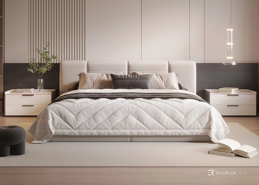 Modern Double Bed With Upholstered Headboard Quilt Pillows And Bedside Tables In Minimalist Bedroom 3d model 