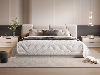 Modern Double Bed With Upholstered Headboard Quilt Pillows And Bedside Tables In Minimalist Bedroom 3d model