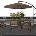 Outdoor Wooden Table with Chairs Fresh Fruits Flowers Under Large Tan Umbrella on Patio
