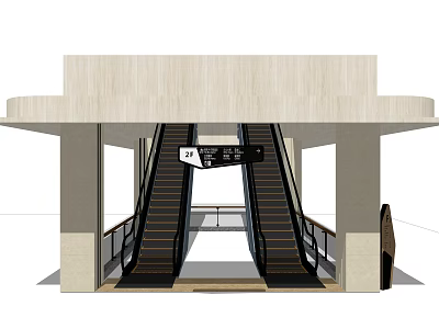 Escalator with Black Steps and Handrails at Covered Entrance with Direction Signs 3d model