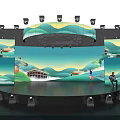 Stage Design With Blue Lighting Mountain Landscape Screens And People Presenting