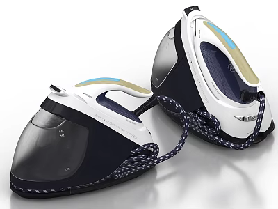 Two Modern Electric Irons with Black White Design and Braided Power Cords 3d model