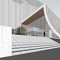 Modern Sales Office Building With Glass Facade Geometric Roof And Waterfront View