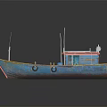 Wooden Boat with Weathered Blue Cabin Yellow Deck Red Bow and Antennas