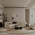 Modern Living Dining Room Interior With Beige Sofa Round Coffee Table Floor Lamp And Green Plants