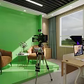 School Media Room With Green Walls Camera Tripod Sofas Laptop And Green Plants Outside Window