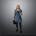 Pink Haired Woman In Blue Plaid Blazer Short Skirt Holding Black Handbag Mobile Phone