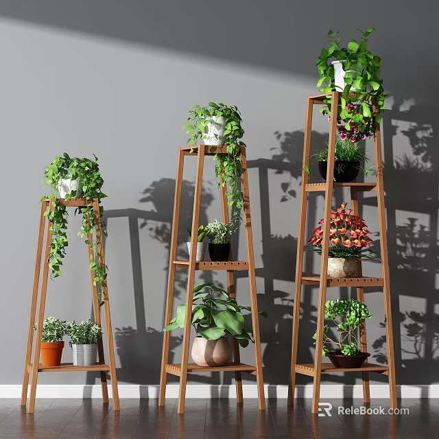 Wooden Plant Stands With Hanging Vines And Potted Green Plants For Indoor Garden 3d model 