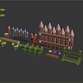 3D Rendered Wooden Fence Components With Pointed Tops Posts Benches And Ring Decorations