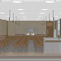 Spacious School Classroom Interior With Neatly Arranged Wooden Desks And Bright Ceiling Lights
