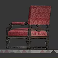 Vintage Red Patterned Upholstered Chair With Intricate Wooden Carved Frame And Armrests