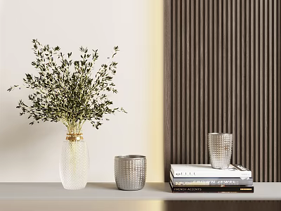 Decorative Ornament Set with White Vase Green Plants Silver Candle Holders and Books 3d model