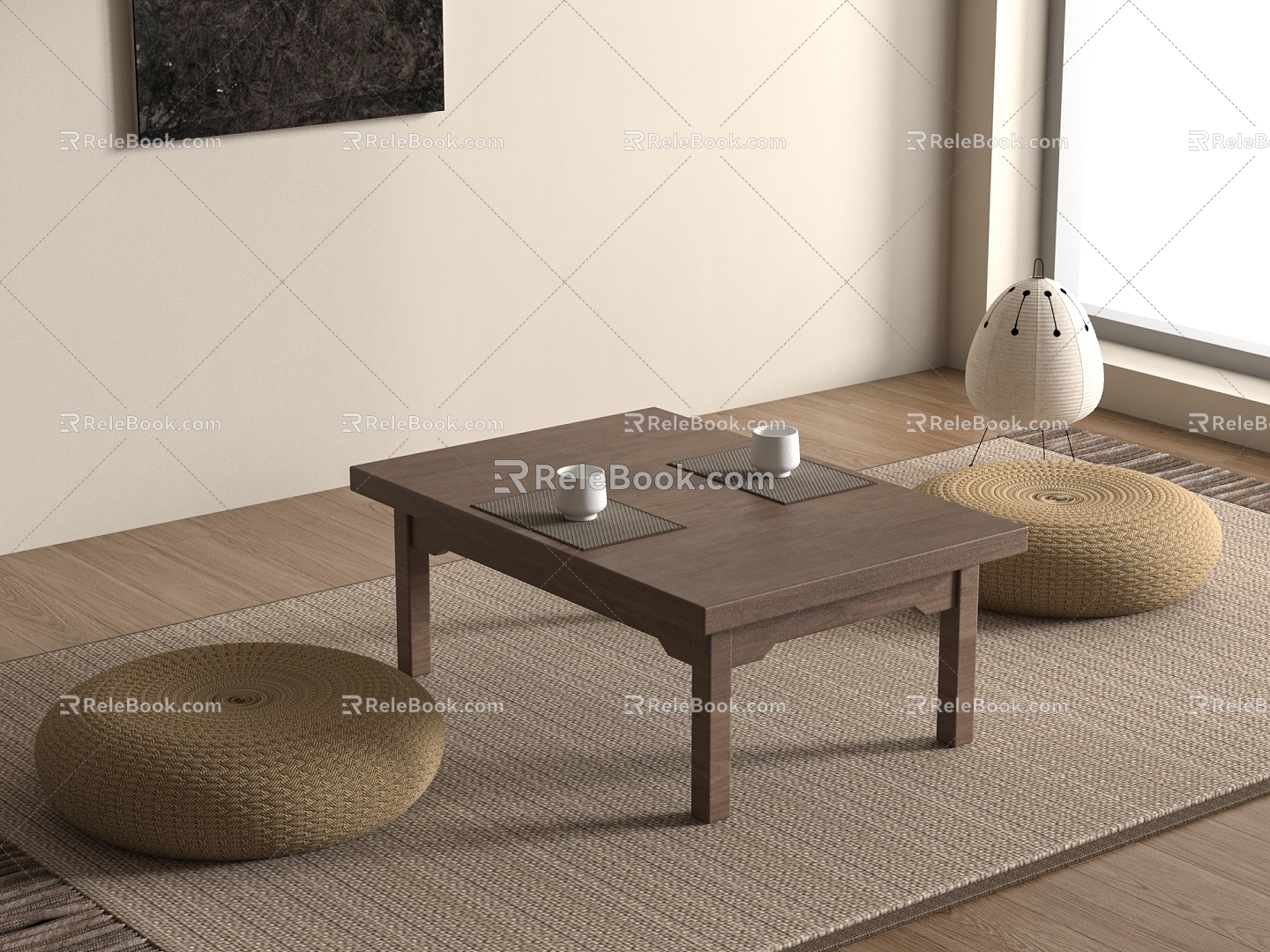 Japanese-style Tatami Tea Table Futon Rattan Seat Rattan Futon Tea Tray Tea Set 3d model