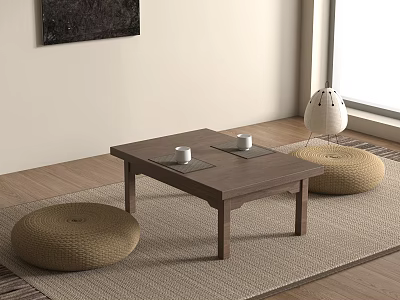 Minimalist Wooden Tea Table With Round Floor Cushions In Cozy Indoor Space 3d model