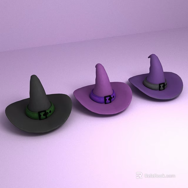 Three Witch Hats In Different Colors With Buckled Bands On Purple Background 3d model 