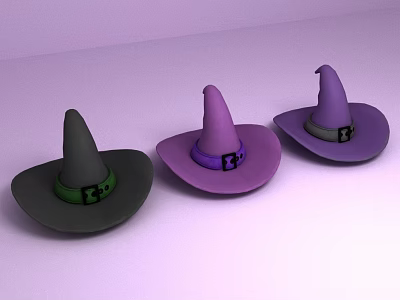 Three Witch Hats In Different Colors With Buckled Bands On Purple Background 3d model