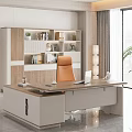 Modern Office Desk With Wooden White Design Bookshelf Green Plants Laptop And Lamp