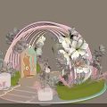 Floral Installation Design With Pink Arch White Pink Flowers Green Grass Decorative Steps And Silhouette Figure