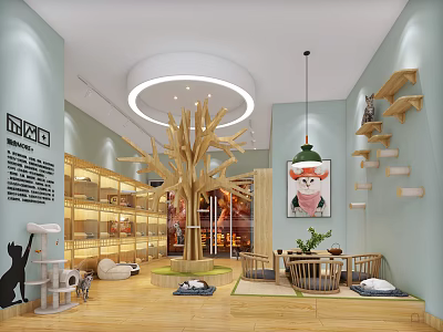 Cozy Cat Themed Coffee Shop Interior With Wooden Shelves Cat Tree And Blue Walls 3d model