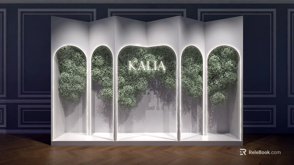 KALIA Brand Check-in Area with White Display Wall Arched Structures and Green Plants 3d model 