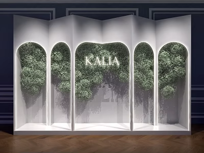 KALIA Brand Check-in Area with White Display Wall Arched Structures and Green Plants 3d model