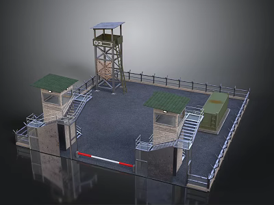 Military Scenery With Watchtower Guard Posts Green Roofs Metal Railings And Small Building 3d model