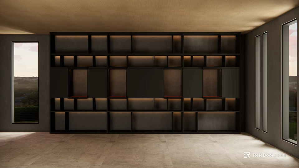 Modern Bookcase Interior Design With Dark Wood Compartments And Built in Lighting 3d model 