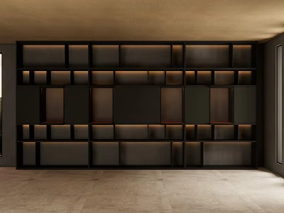 Modern Bookcase Interior Design With Dark Wood Compartments And Built in Lighting 3d model