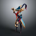 Fantasy Style Man In Blue And Gold Outfit With Feathered Hat Holding Weapon