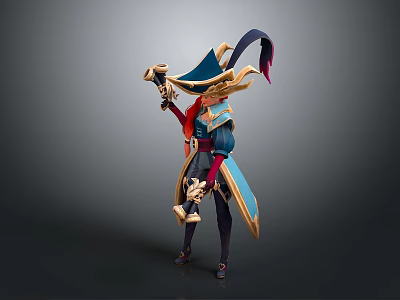 Fantasy Style Man In Blue And Gold Outfit With Feathered Hat Holding Weapon 3d model