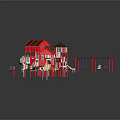 Red Playground Structures With Slides Swings Sand Area And Climbing Features