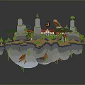Block Built Fantasy Island Scene With Castles Red Roofed Buildings And Green Trees
