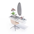 White Modern Vanity Table With Oval Mirror Cosmetic Organizers Potted Plant And Accent Chair