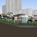 Modern Commercial Street With High Rise Buildings Trees And Pedestrian Walkway