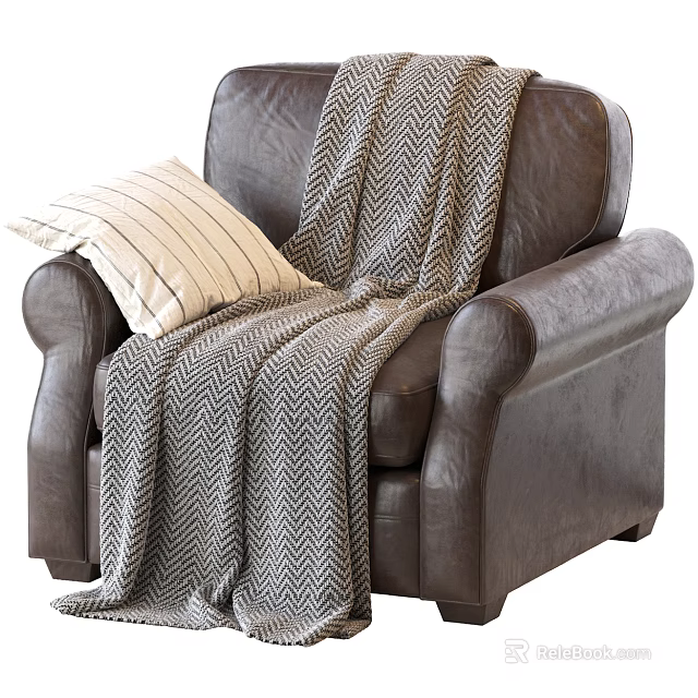 Brown Leather Single Sofa with Herringbone Pattern Blanket and Striped Pillow 3d model 