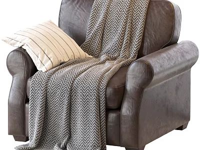 Brown Leather Single Sofa with Herringbone Pattern Blanket and Striped Pillow 3d model