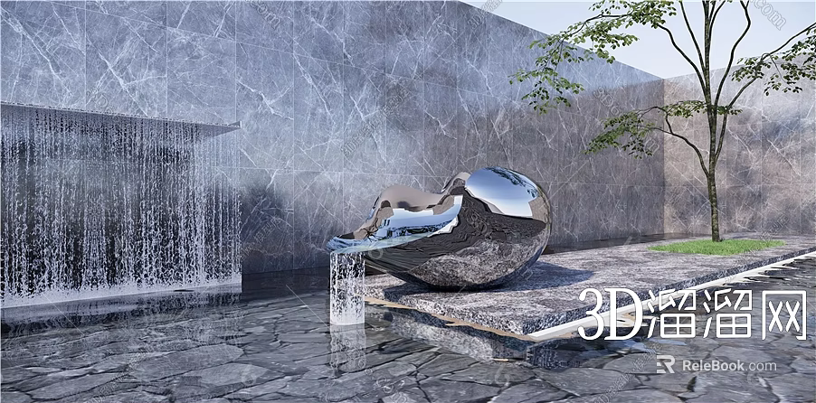 Polished Stainless Steel Sculpture With Reflective Surface In Outdoor Garden Featuring Waterfall And Marble Wall 3d model 