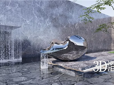 Polished Stainless Steel Sculpture With Reflective Surface In Outdoor Garden Featuring Waterfall And Marble Wall 3d model