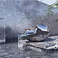 Polished Stainless Steel Sculpture With Reflective Surface In Outdoor Garden Featuring Waterfall And Marble Wall