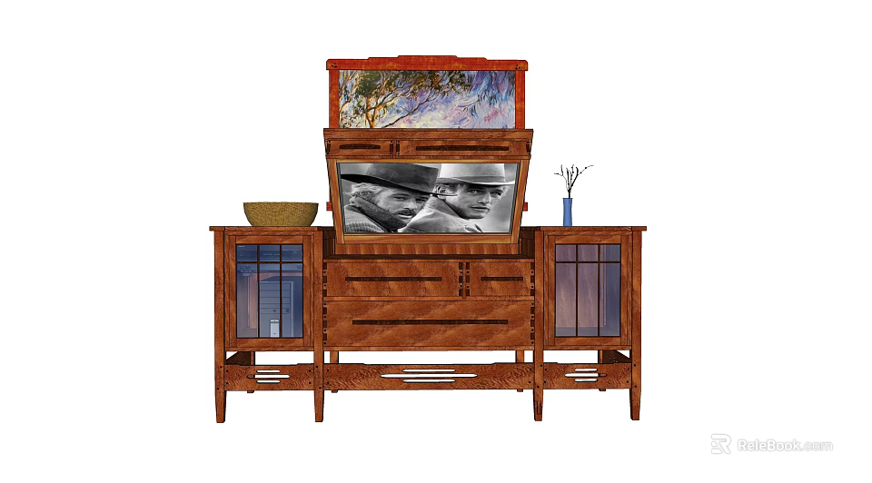 Vintage Wooden Decorative Cabinet With Top Decorative Painting Central Drawer And Glass Door Cabinets 3d model 