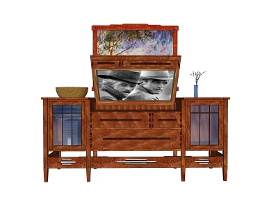 Vintage Wooden Decorative Cabinet With Top Decorative Painting Central Drawer And Glass Door Cabinets 3d model