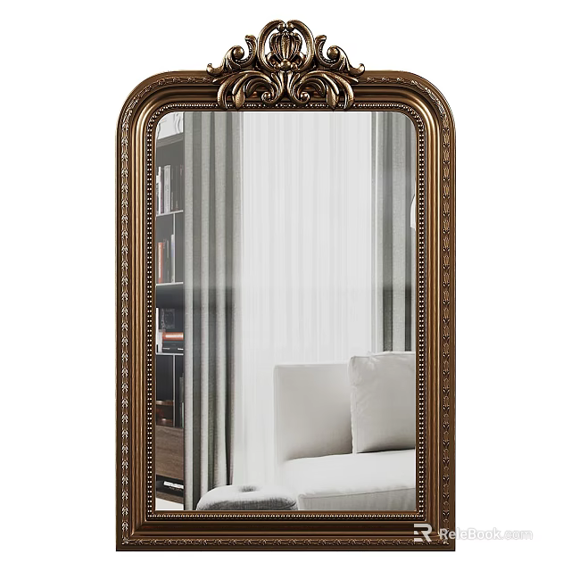 Ornate Gold Frame Full Length Mirror With Curtains And Sofa In Living Area 3d model 