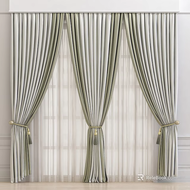 Elegant Striped Green And White Curtains With Gold Tassel Ties And Sheer Window Panels 3d model 