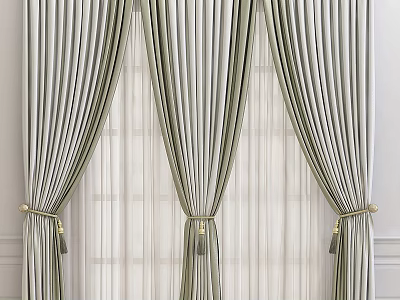 Elegant Striped Green And White Curtains With Gold Tassel Ties And Sheer Window Panels 3d model
