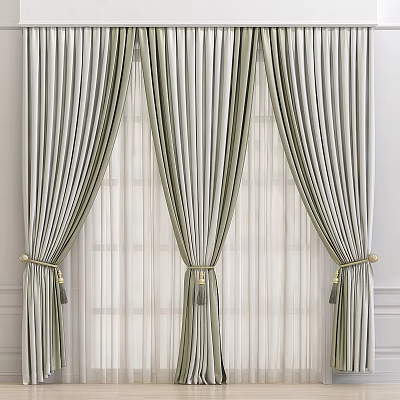 Elegant Striped Green And White Curtains With Gold Tassel Ties And Sheer Window Panels 3d model