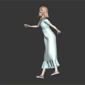 3D Girl With Orange Short Hair Light Blue Ruffled Dress Purple Shoes Dark Reflective Background