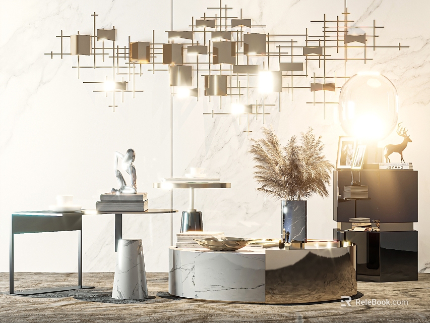 Elegant Modern Coffee Table With Marble Top Metal Frame And Decorative Vase Books 3d model 