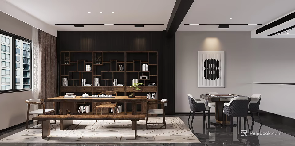 Modern Tea Room Interior With Wooden Shelves And Long Table 3d model 