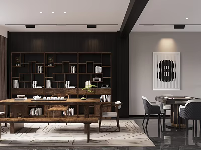 Modern Tea Room Interior With Wooden Shelves And Long Table 3d model